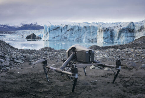 Photo of a drone on the ground at Breiðamerkurjökull glacier