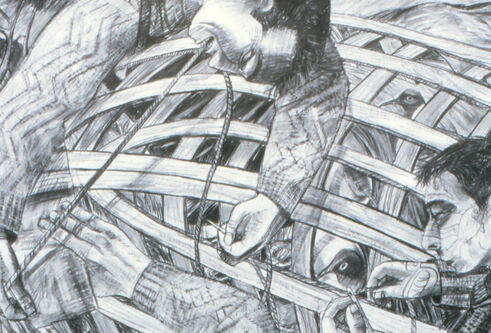 An artwork by Alan Watson of two men building a wooden boat