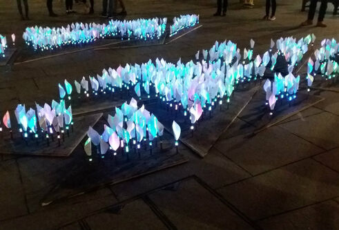 An outdoor installation of glowing artificial lilies