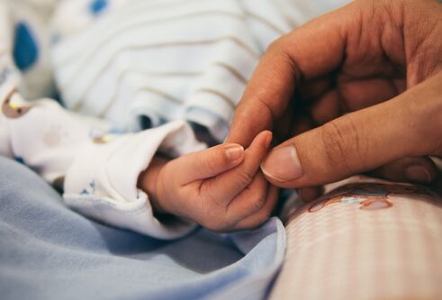 An adult holding a baby's hand