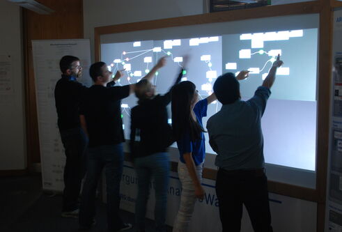 people working on a screen together