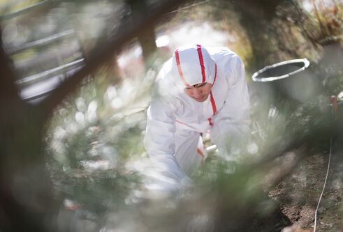 Person in a hazmat suit kneeling on the ground in the woods