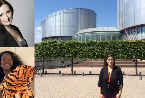 Photograph of Caroline Cotta in front of European Union buildings in Strasbourg. Berenice Lemoine and Tracy Leli inset to left.