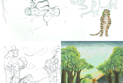 illustrations showing the development of the tiger and how it went from sketches to a full colour drawing
