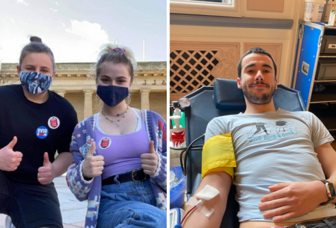 Two students wearing masks with thumbs up and one student laying on bed as he is giving blood