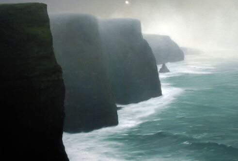 a painting of cliffs and the sea