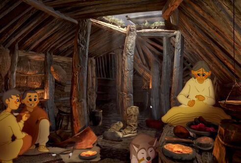 still of animated film with people in a cottage with a husky