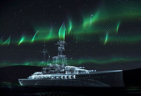 computer generated ship with green lights in the sky
