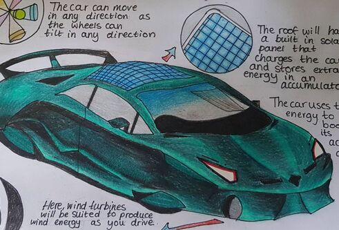 drawing of green futuristic car