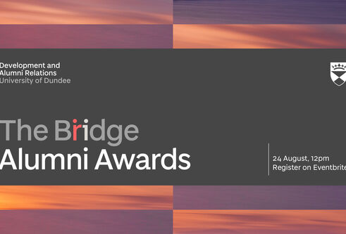 Sunset in the background with a grey panel showing The Bridge Alumni Award 24 September 2021