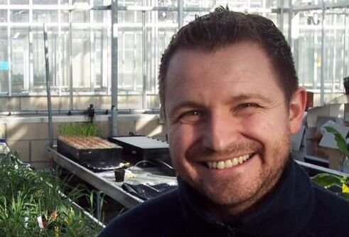 man in front of trays of plants
