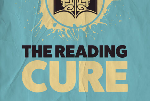 A teal green poster with a book open and the text The Reading Cure