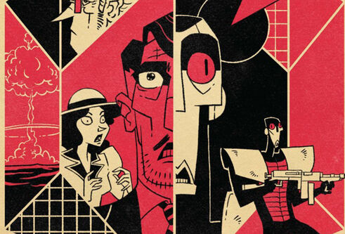 Scene from comic front page featuring robot and human characters with black red and tan colours