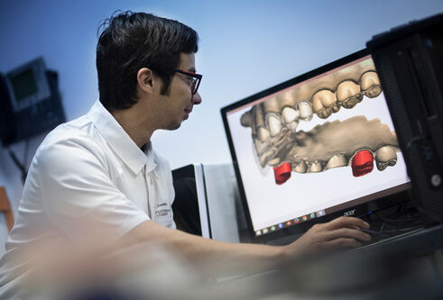 Researcher looking at image of teeth on computer