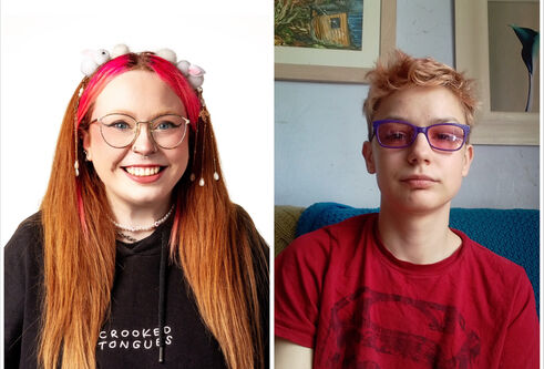 head shot of young woman with long red hair and young man wearing glasses and sporting short hair