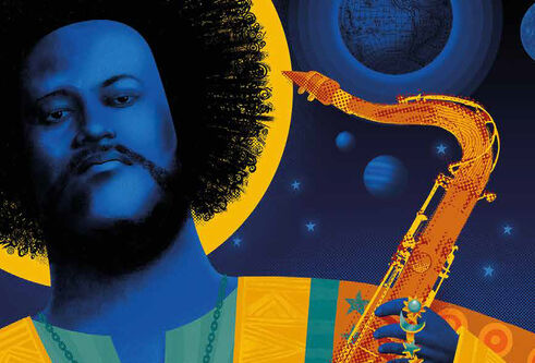 An illustration of a man holding a saxophone