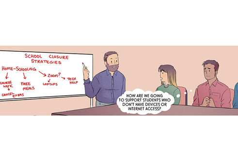 Illustration of a teacher writing on a white board, with three students watching. The writing on the board is about school closures.