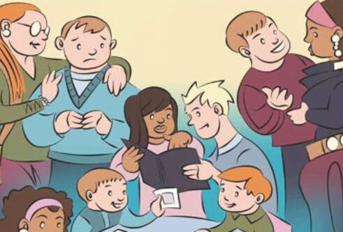 Illustration of a group of people of mixed ages remembering a lost love one together.