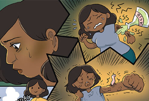 illustration of someone receiving their diagnosis of fibromyalgia, looking upset and then angry.