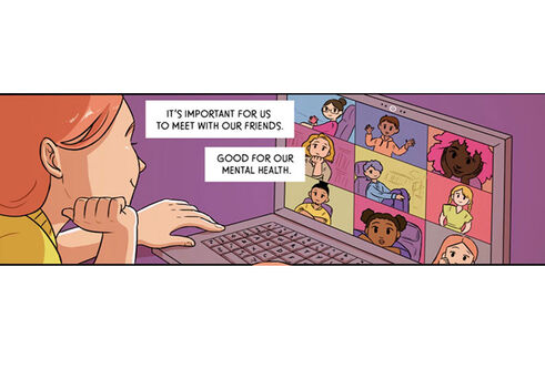 A section of the comic, a girl looks at her laptop screen, where she is having a video call with her friends.