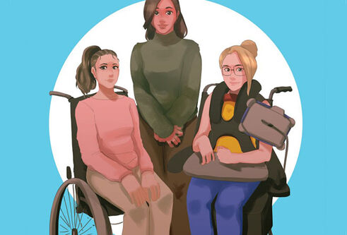 Three illustrated people are in front of a blue background, two of them are in wheelchairs.