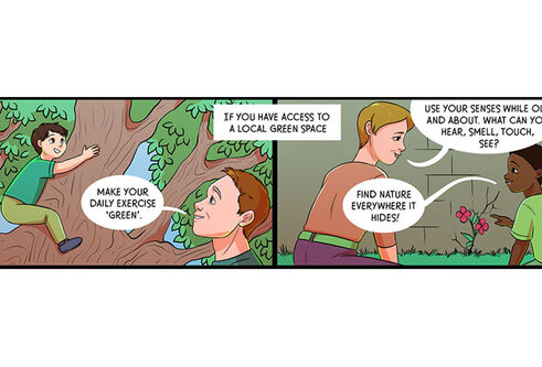 A comic strip showing children climbing in trees and others gardening.