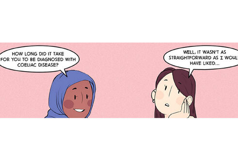 Illustration of two friends discussing coeliac disease.