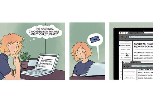 Illustration depicting a staff member reading an important covid message from the principal.