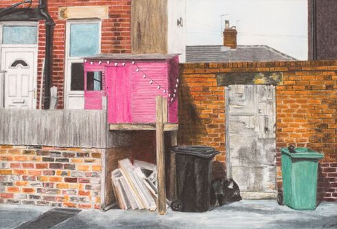 Drawing of back street scene by artist Elizabeth Nast