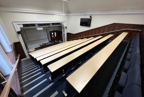 Harris Lecture Theatre from the top row looking down at the stage
