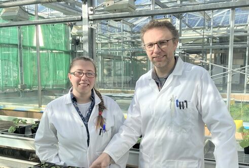 Dr Charlotte Hurst and Dr Piers Hemsley in a glasshouse with seedlings in pots on a table
