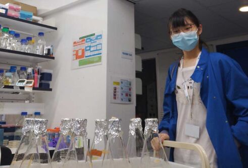 Julia Soh wearing a mask, standing over a table in the lab.