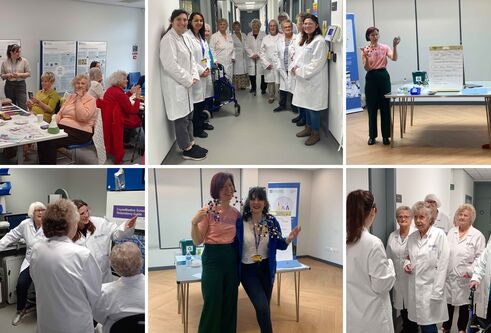 Six photos tiled together showing people in lab coats around a table and then in different spaces around the life sciences building.