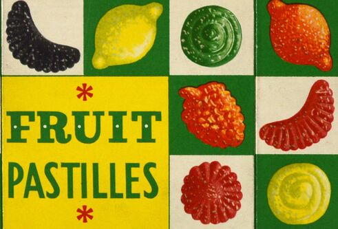 Design from a 1950s packet of Fruit Pastilles, showing sweets on a coloured checkboard.