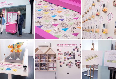 A grid of six images showing the front of a shop and the walls and tables within.