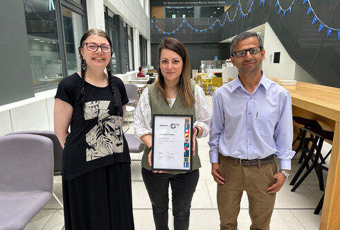 Lesley-Anne Pearson, Melissa D’Ascenzio and Gopal Sapkota with the 2023 Athena Swan award
