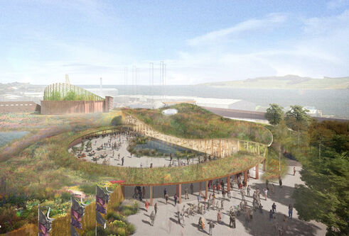 A drawing showing the Eden project building structure, people milling around underneath grassy rooftops and sprawling gardens