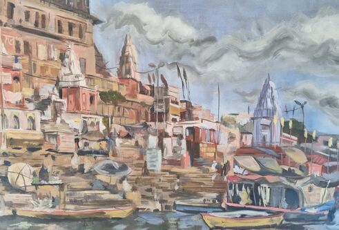 An oil painting depicting a coastal city, with boats in the foreground and buildings in the back.