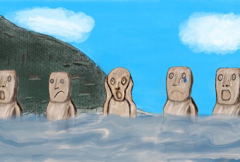 Illustration of five people in the ocean, all looking surprised and worried. There is a bit of land a blue sky in the background.