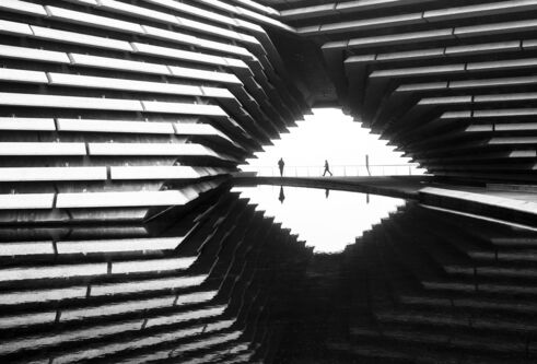 Black and white image of exterior of V&A Dundee