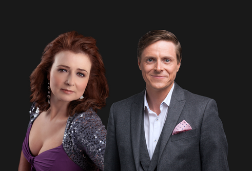A composite image of James Taylor and Alison Burns against a black backdrop
