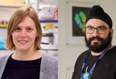 A composite image of two people. To the left a woman with a blonde bob, wearing a black top with grey cardigan smiling while stood in a lab. On the right a man with a dark brown beard, black rimmed glasses and black turban. He is wearing a black t-shirt with a logo and the word Fortnite on it. He is smiling.