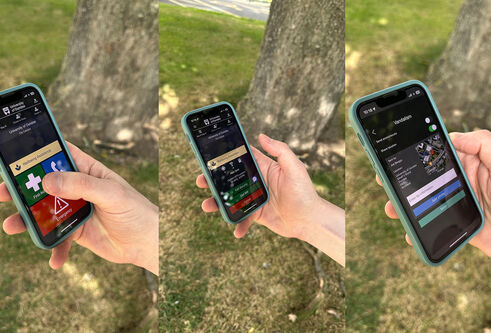 Three shots of a hand holding a phone with the SafeZone app. The first shows a screen with large icons for emergency, non-urgent, and first aid, with the thumb poised to press first aid. The second shows a first aid report in progress. The third shows a form to report vandalism with a map showing the location of the user.
