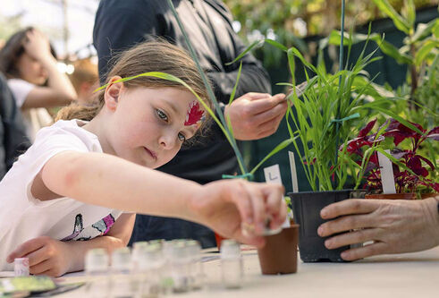 A young girl with a heart painted on her face reaches for a glass vial. Potted plants are in the background.