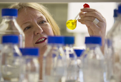 Close up image of woman holding up a small glass bottle with yellow liquid in it. In front of her are lots of glass jars with blue lids. 