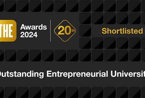 A shortlisting credit for the THE Awards, stating that the University of Dundee is shortlisted for Outstanding Entrepreneurial University of the Year