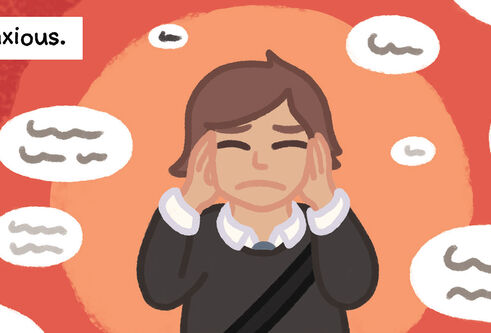 A comic book drawing of a girl holding her head in her hands with text I just felt really anxious and laugh bubbles
