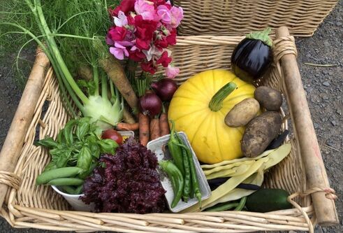 A wicker basket filled with vegetables.