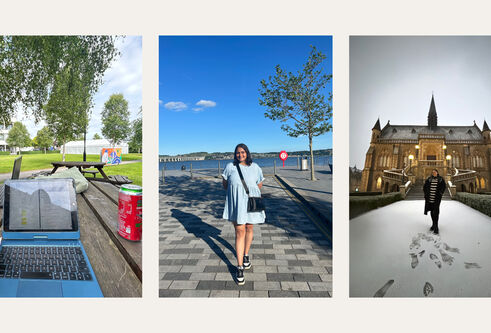 A collage of three images: one showing a laptop on a wooden park bench, the middle is a person wearing a light blue dress, with the river Tay in the background, the third shows a person standing in front of a stone staircase outside of a building in the snow.