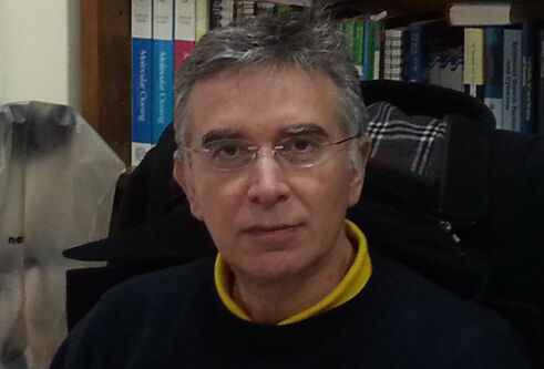 A headshot of Professor Vassilis Gorgoulis sitting in front of a row of books.